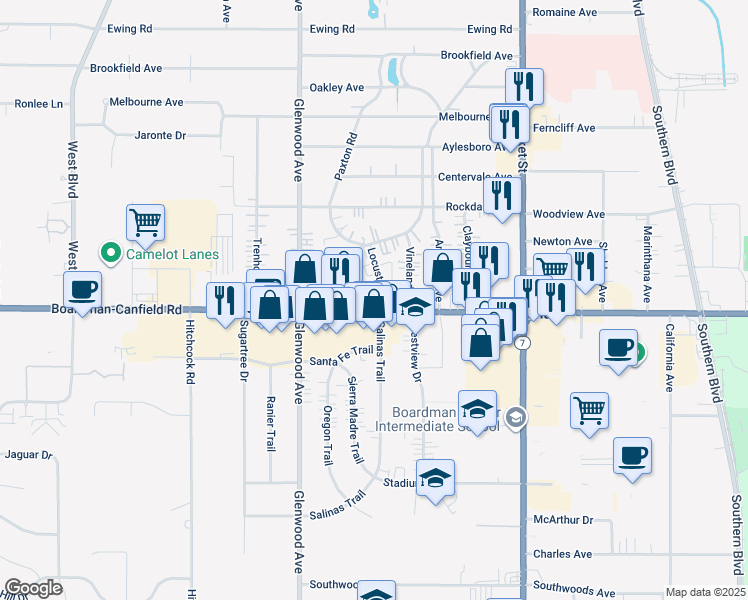 map of restaurants, bars, coffee shops, grocery stores, and more near 7185 Locust Avenue in Youngstown