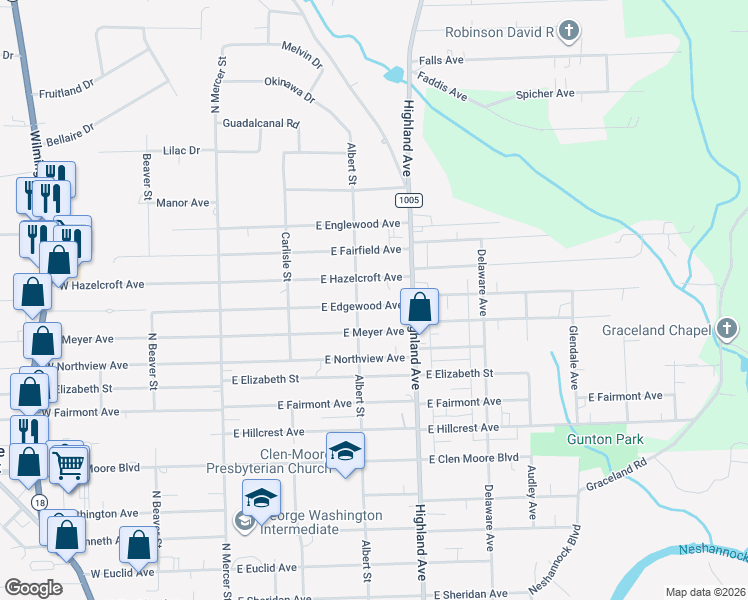 map of restaurants, bars, coffee shops, grocery stores, and more near 309 East Edgewood Avenue in New Castle