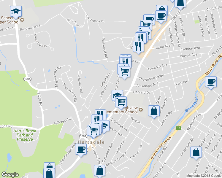 map of restaurants, bars, coffee shops, grocery stores, and more near 811 Colony Drive in Hartsdale