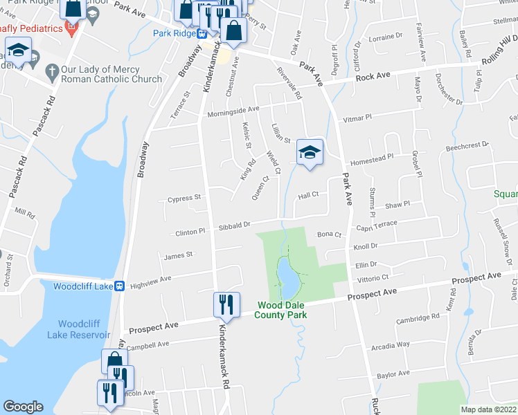 map of restaurants, bars, coffee shops, grocery stores, and more near 12 Queen Court in Park Ridge