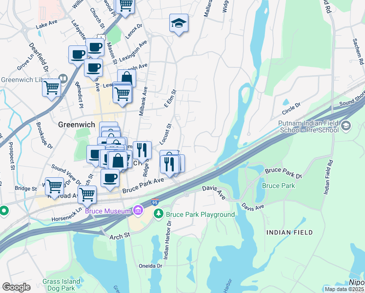 map of restaurants, bars, coffee shops, grocery stores, and more near Wilbur Peck Court in Greenwich