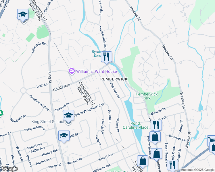 map of restaurants, bars, coffee shops, grocery stores, and more near 33 Nicholas Avenue in Greenwich
