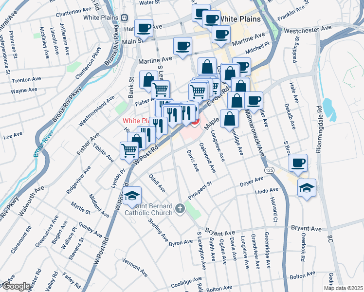 map of restaurants, bars, coffee shops, grocery stores, and more near 21 Davis Avenue in White Plains