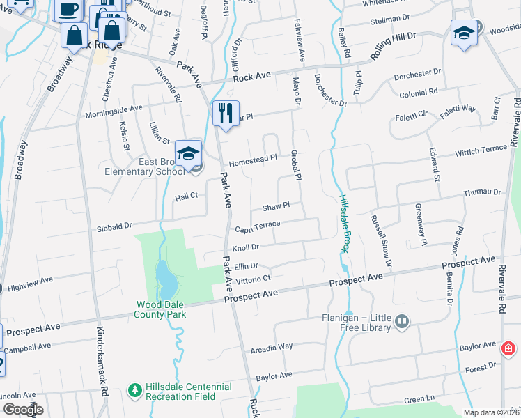 map of restaurants, bars, coffee shops, grocery stores, and more near 5 Sturms Place in Park Ridge