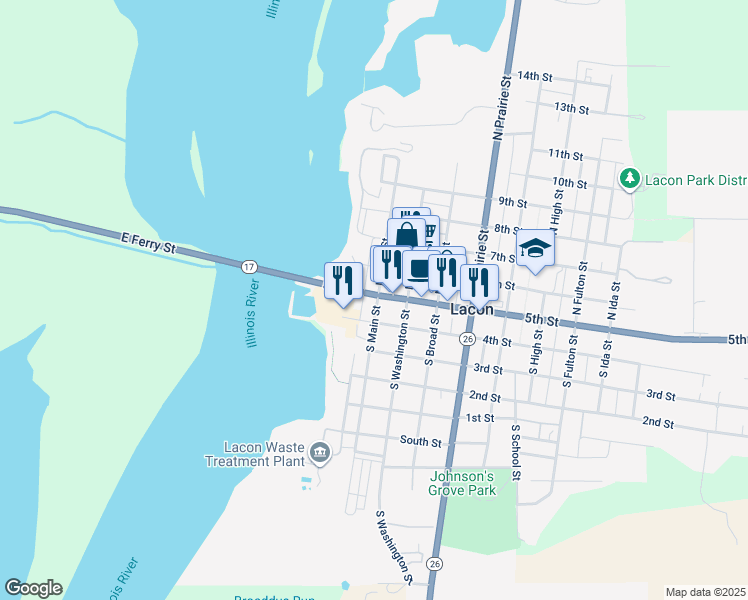 map of restaurants, bars, coffee shops, grocery stores, and more near 201-225 5th St in Lacon