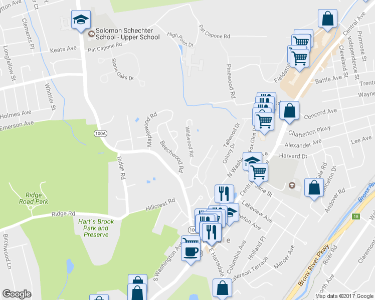 map of restaurants, bars, coffee shops, grocery stores, and more near 19 Wildwood Road in Hartsdale