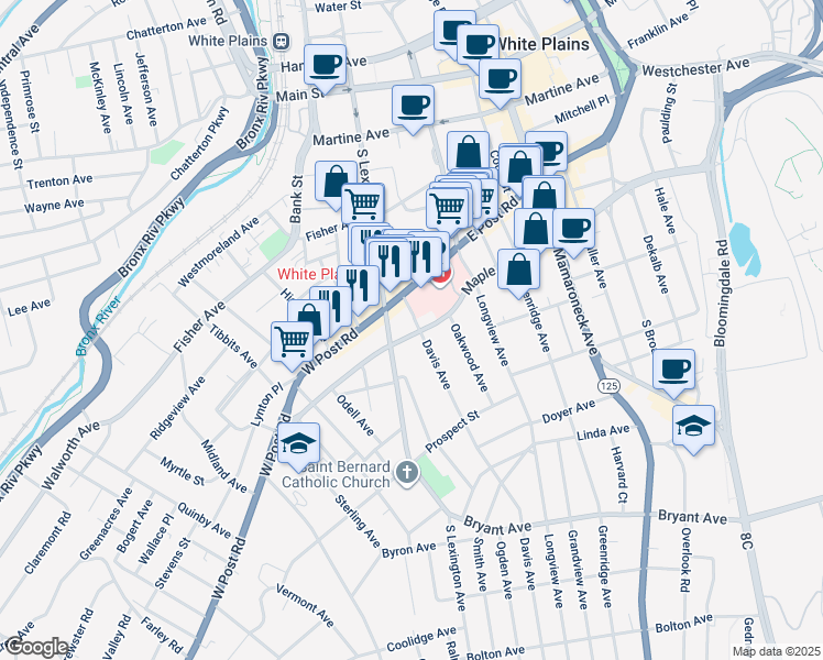 map of restaurants, bars, coffee shops, grocery stores, and more near 21 Davis Avenue in White Plains