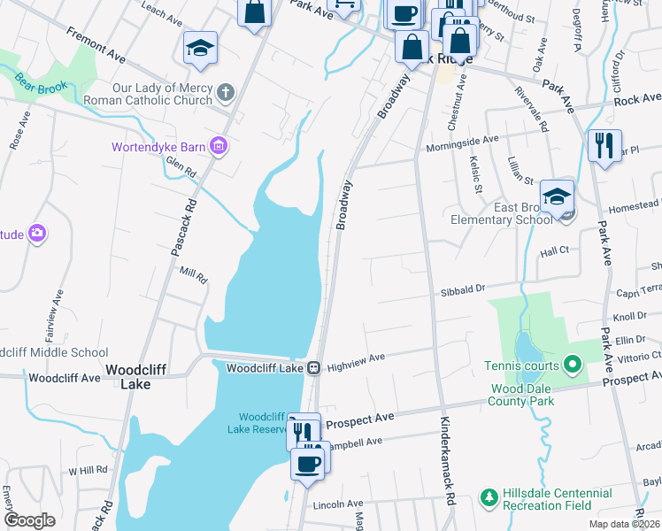 map of restaurants, bars, coffee shops, grocery stores, and more near 281 Broadway in Woodcliff Lake