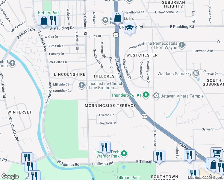 map of restaurants, bars, coffee shops, grocery stores, and more near 302 Dunbar Lane in Fort Wayne