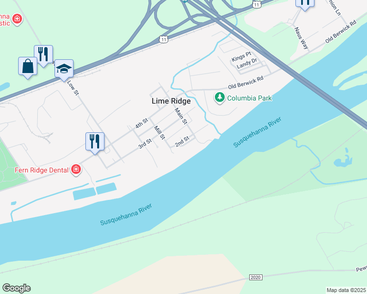 map of restaurants, bars, coffee shops, grocery stores, and more near 6540 1st St in Bloomsburg