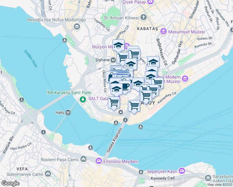 map of restaurants, bars, coffee shops, grocery stores, and more near 24 Galata Kulesi Sokak in Istanbul