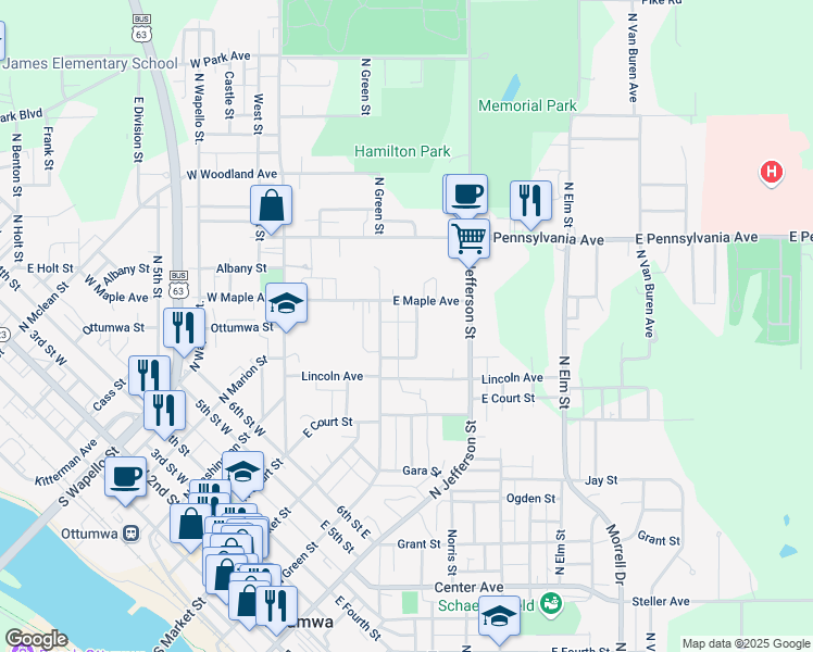 map of restaurants, bars, coffee shops, grocery stores, and more near 742-760 N Green St in Ottumwa