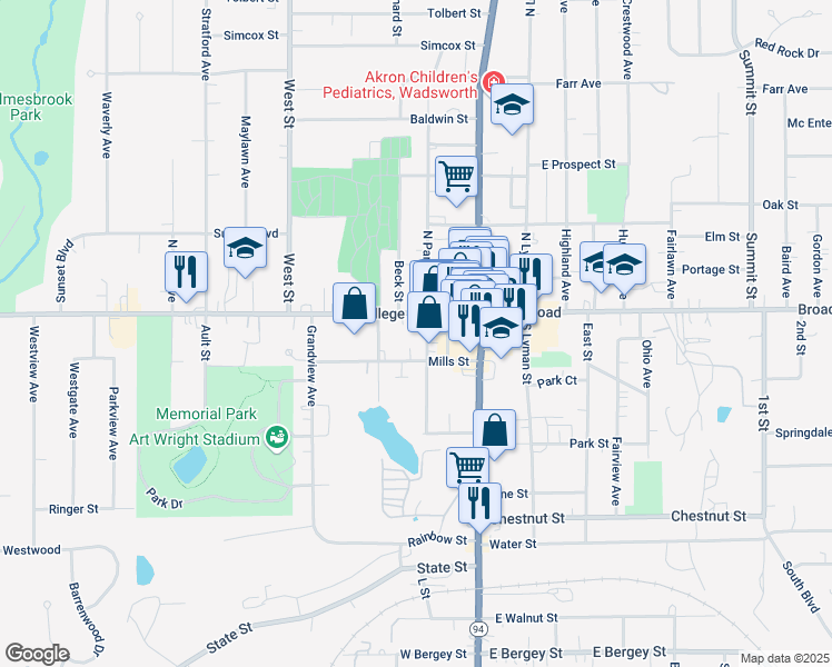 map of restaurants, bars, coffee shops, grocery stores, and more near 116 South Pardee Street in Wadsworth