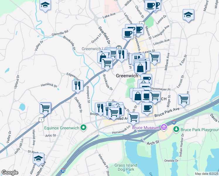 map of restaurants, bars, coffee shops, grocery stores, and more near in Greenwich