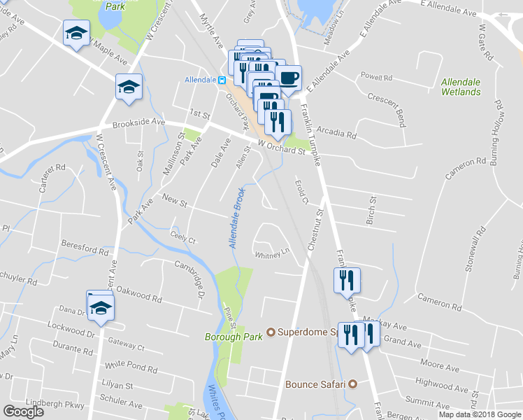 map of restaurants, bars, coffee shops, grocery stores, and more near 63 Trotters Lane in Allendale