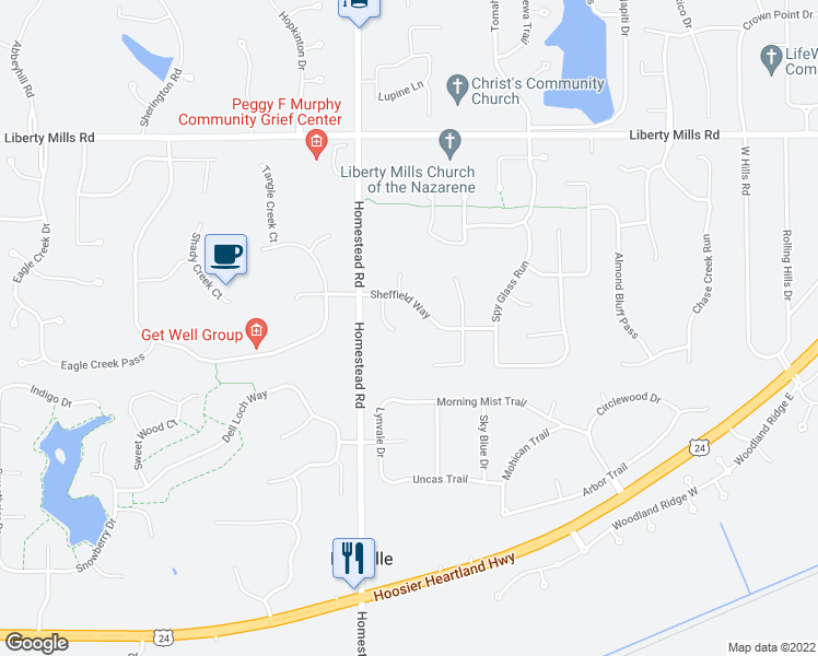 map of restaurants, bars, coffee shops, grocery stores, and more near 6331 Dirwood Court in Fort Wayne