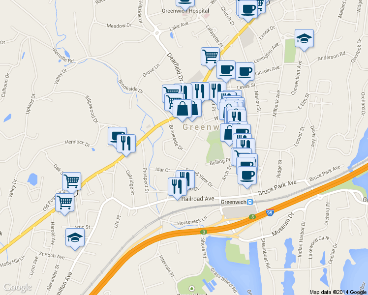 map of restaurants, bars, coffee shops, grocery stores, and more near 104 Field Point Road in Greenwich