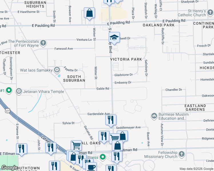 map of restaurants, bars, coffee shops, grocery stores, and more near 6522 South Anthony Boulevard in Fort Wayne