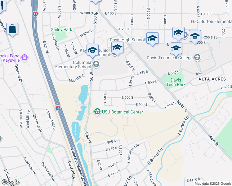 map of restaurants, bars, coffee shops, grocery stores, and more near 102 East 550 South in Kaysville