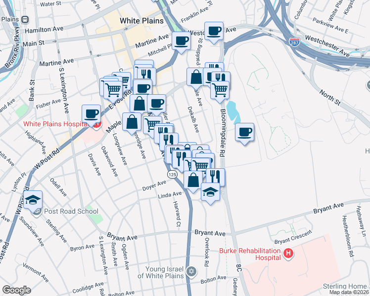map of restaurants, bars, coffee shops, grocery stores, and more near 155 South Broadway in White Plains
