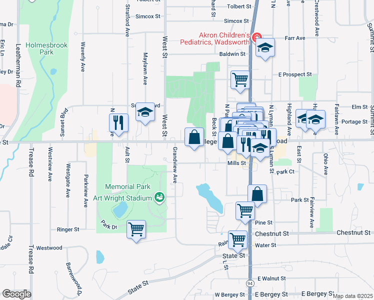 map of restaurants, bars, coffee shops, grocery stores, and more near 247 College Street in Wadsworth