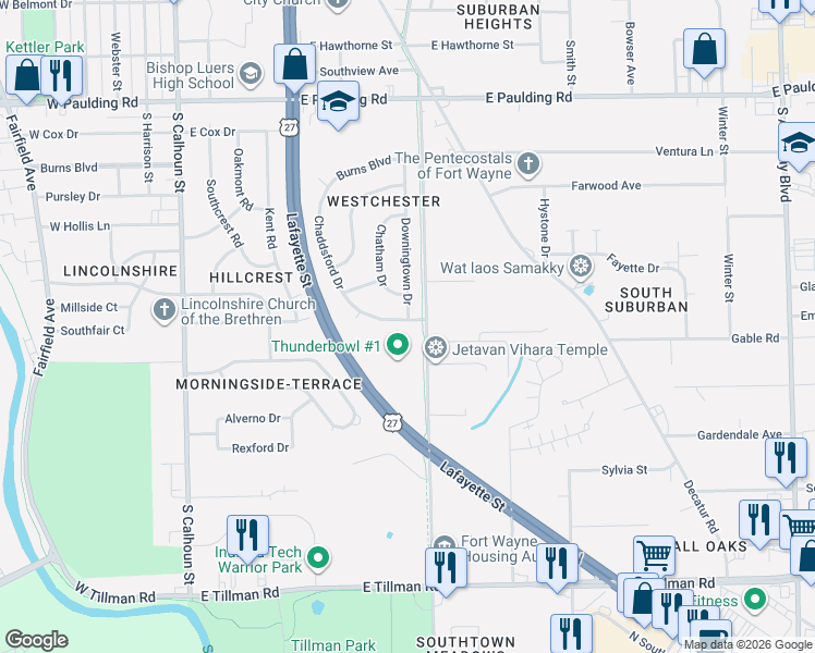 map of restaurants, bars, coffee shops, grocery stores, and more near 614 Kimberton Drive in Fort Wayne