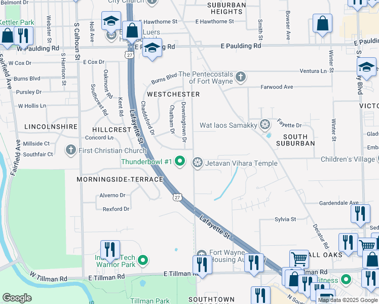 map of restaurants, bars, coffee shops, grocery stores, and more near 6301-6619 S Hanna St in Fort Wayne