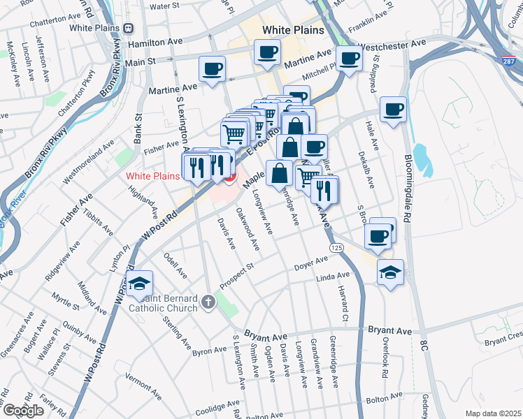 map of restaurants, bars, coffee shops, grocery stores, and more near Longview Avenue & Rutherford Street in White Plains