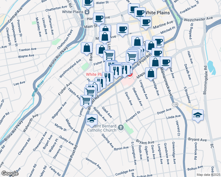 map of restaurants, bars, coffee shops, grocery stores, and more near 25 West Post Road in White Plains
