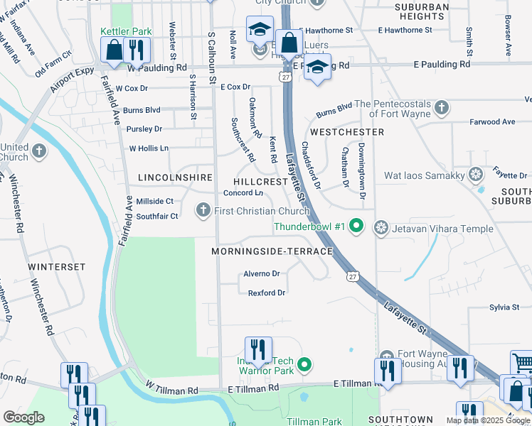 map of restaurants, bars, coffee shops, grocery stores, and more near 213 Dunbar Lane in Fort Wayne