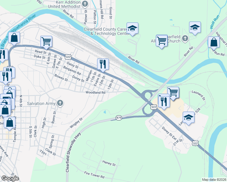map of restaurants, bars, coffee shops, grocery stores, and more near Bloom St in Clearfield