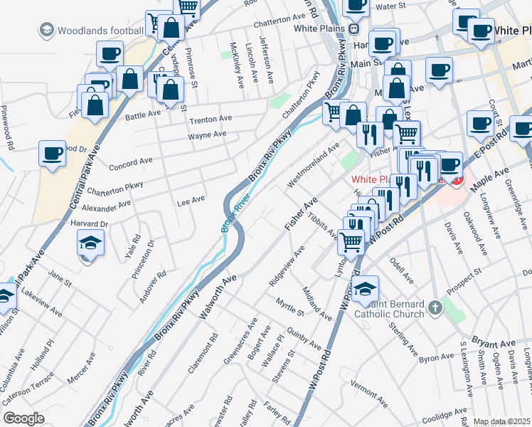 map of restaurants, bars, coffee shops, grocery stores, and more near 12 Woodland Place in White Plains