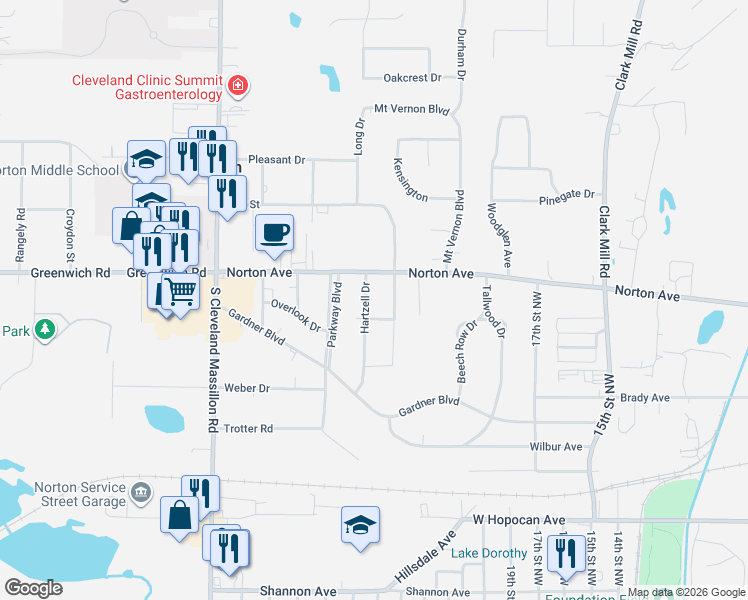 map of restaurants, bars, coffee shops, grocery stores, and more near 609 Hartzell Dr in Norton