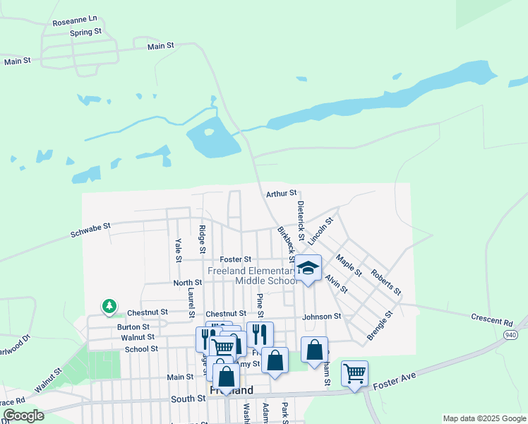map of restaurants, bars, coffee shops, grocery stores, and more near 1260 Birkbeck Street in Freeland