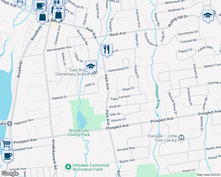 map of restaurants, bars, coffee shops, grocery stores, and more near 295 Park Avenue in Park Ridge