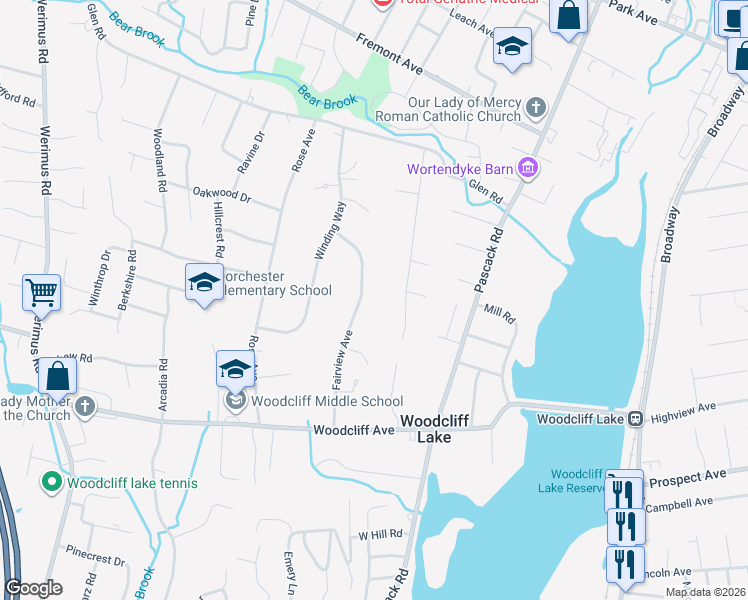 map of restaurants, bars, coffee shops, grocery stores, and more near 66 Fairview Avenue in Woodcliff Lake