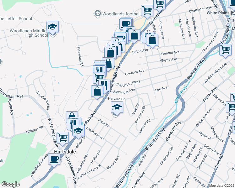 map of restaurants, bars, coffee shops, grocery stores, and more near 181 Alexander Avenue in Hartsdale