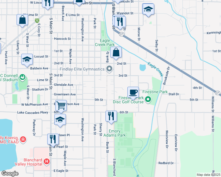 map of restaurants, bars, coffee shops, grocery stores, and more near 1300 S Blanchard St in Findlay