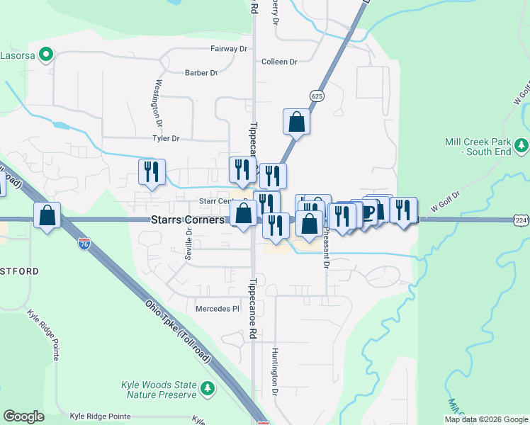 map of restaurants, bars, coffee shops, grocery stores, and more near 1510 Boardman-Canfield Road in Youngstown