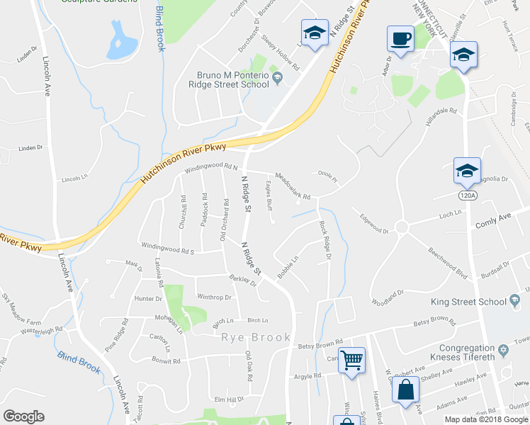 map of restaurants, bars, coffee shops, grocery stores, and more near 12 Eagles Bluff in Rye Brook