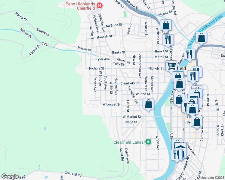 map of restaurants, bars, coffee shops, grocery stores, and more near 211 West 5th Street in Clearfield