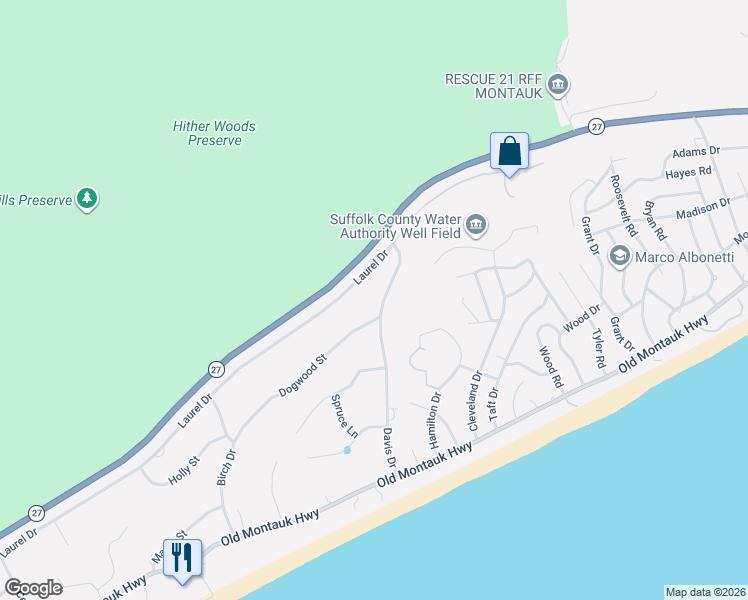 map of restaurants, bars, coffee shops, grocery stores, and more near 51 Davis Drive in Montauk