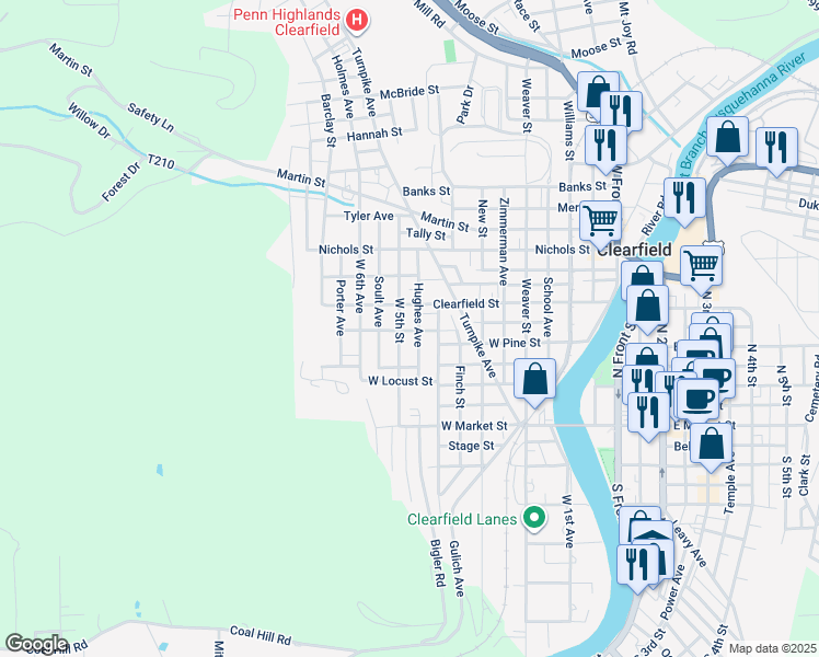 map of restaurants, bars, coffee shops, grocery stores, and more near 211 West 5th Street in Clearfield