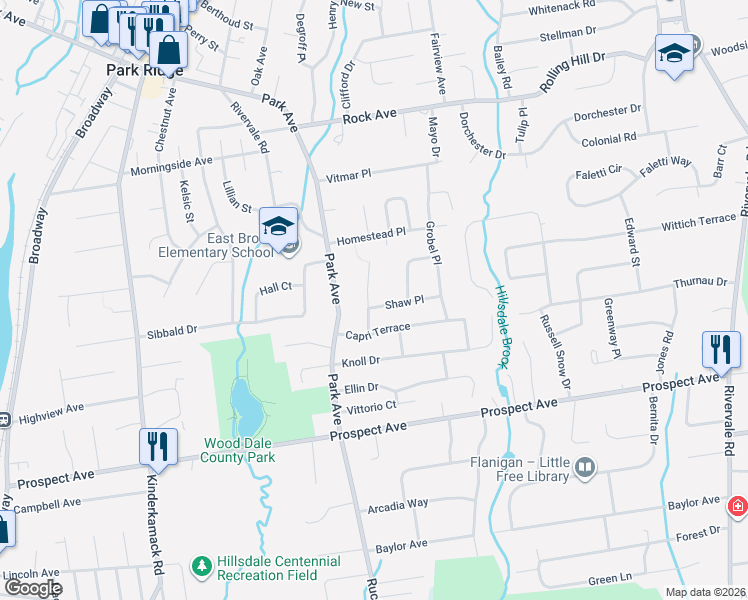 map of restaurants, bars, coffee shops, grocery stores, and more near 5 Sturms Place in Park Ridge