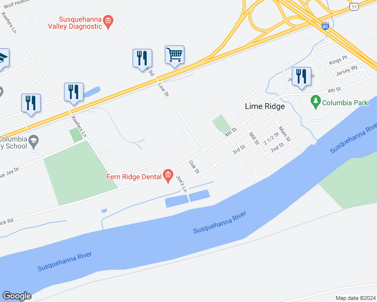 map of restaurants, bars, coffee shops, grocery stores, and more near 6215 4th Street in Bloomsburg