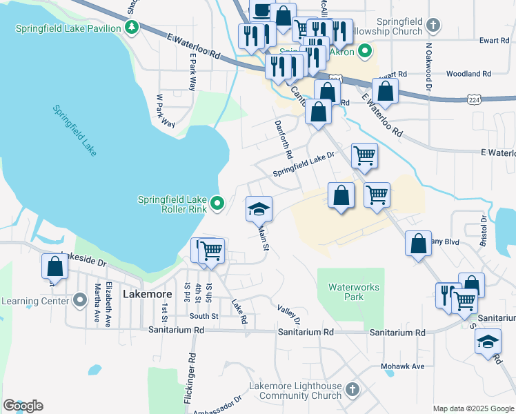 map of restaurants, bars, coffee shops, grocery stores, and more near 1265 Main Street in Lakemore