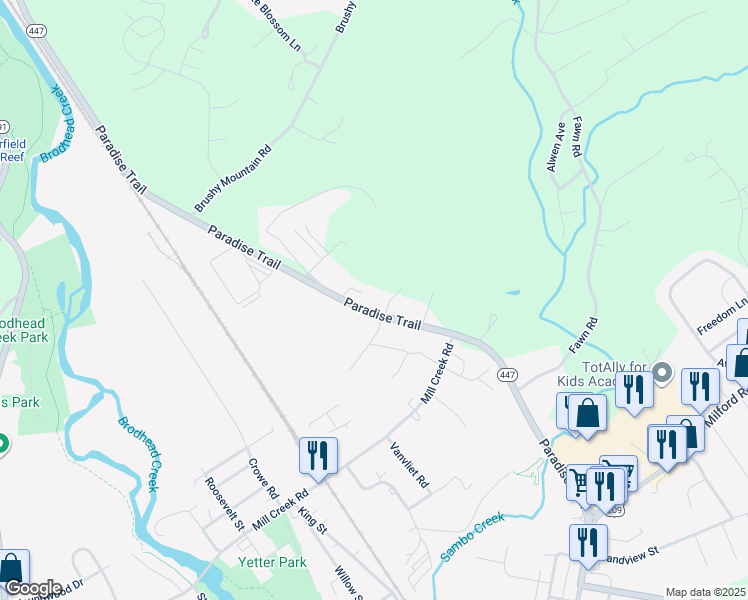 map of restaurants, bars, coffee shops, grocery stores, and more near 1860 Paradise Trail in East Stroudsburg