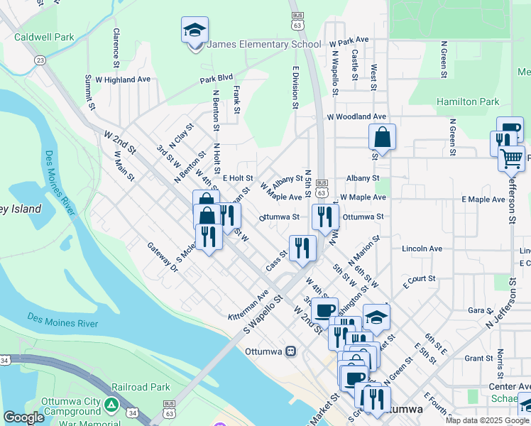 map of restaurants, bars, coffee shops, grocery stores, and more near 553 Ottumwa Street in Ottumwa