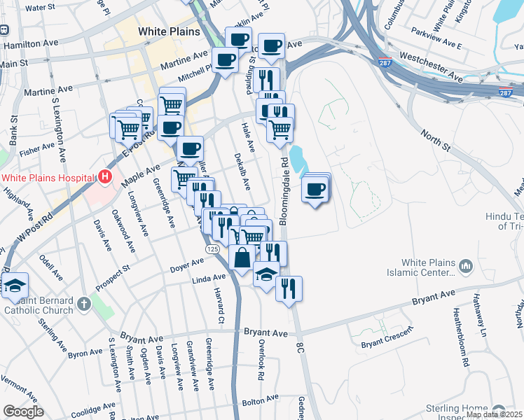 map of restaurants, bars, coffee shops, grocery stores, and more near 75 Livingston Avenue in White Plains