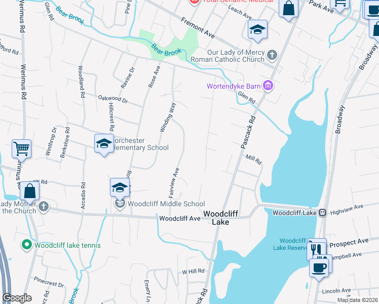 map of restaurants, bars, coffee shops, grocery stores, and more near 66 Fairview Avenue in Woodcliff Lake